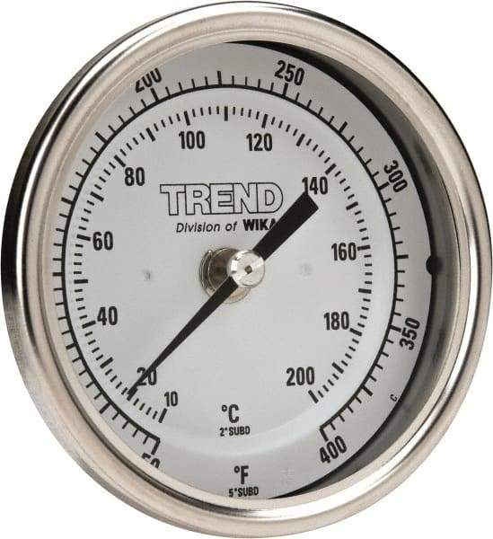 Wika - 2-1/2 Inch Long Stem, 3 Inch Dial Diameter, Stainless Steel, Back Connected Bi-Metal Thermometer - 10 to 200°C, 1% Accuracy - Industrial Tool & Supply