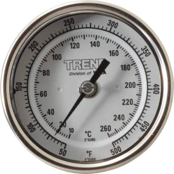 Wika - 2-1/2 Inch Long Stem, 3 Inch Dial Diameter, Stainless Steel, Back Connected Bi-Metal Thermometer - 10 to 260°C, 1% Accuracy - Industrial Tool & Supply