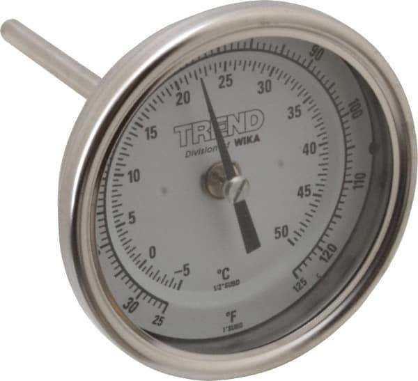 Wika - 4 Inch Long Stem, 3 Inch Dial Diameter, Stainless Steel, Back Connected Bi-Metal Thermometer - -5 to 50°C, 1% Accuracy - Industrial Tool & Supply
