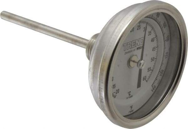 Wika - 4 Inch Long Stem, 3 Inch Dial Diameter, Stainless Steel, Back Connected Bi-Metal Thermometer - -20 to 60°C, 1% Accuracy - Industrial Tool & Supply