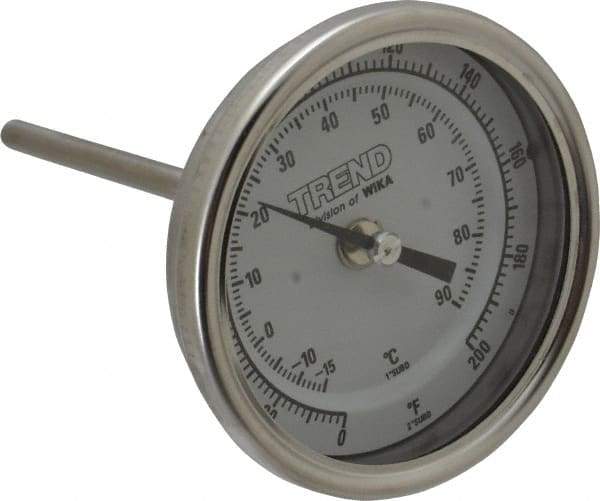 Wika - 4 Inch Long Stem, 3 Inch Dial Diameter, Stainless Steel, Back Connected Bi-Metal Thermometer - -15 to 90°C, 1% Accuracy - Industrial Tool & Supply