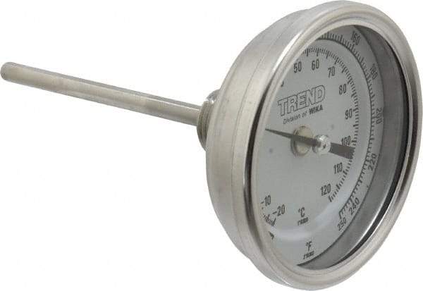 Wika - 4 Inch Long Stem, 3 Inch Dial Diameter, Stainless Steel, Back Connected Bi-Metal Thermometer - -20 to 120°C, 1% Accuracy - Industrial Tool & Supply