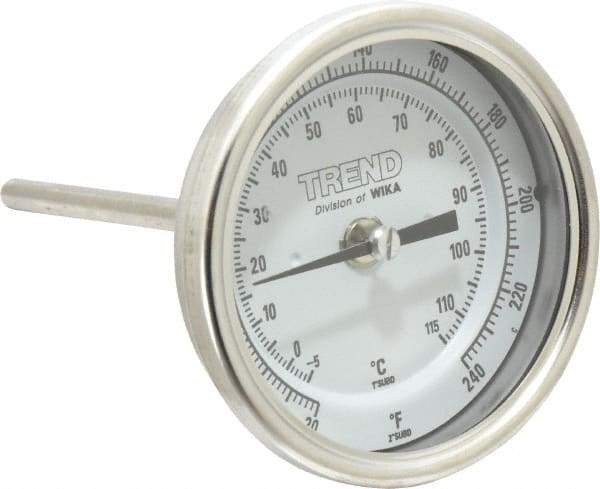 Wika - 4 Inch Long Stem, 3 Inch Dial Diameter, Stainless Steel, Back Connected Bi-Metal Thermometer - -5 to 115°C, 1% Accuracy - Industrial Tool & Supply