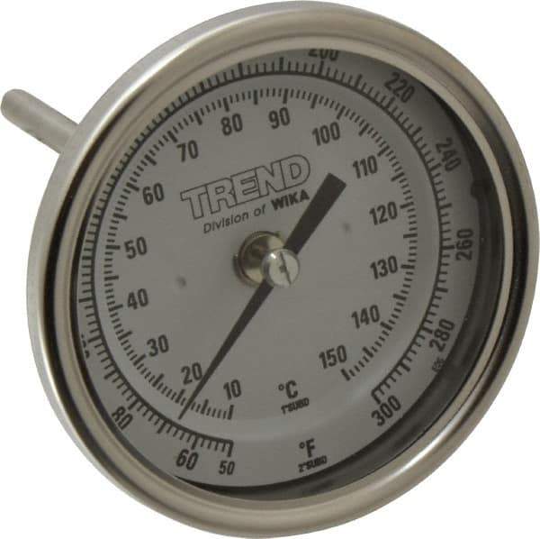 Wika - 4 Inch Long Stem, 3 Inch Dial Diameter, Stainless Steel, Back Connected Bi-Metal Thermometer - 10 to 150°C, 1% Accuracy - Industrial Tool & Supply