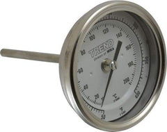 Wika - 4 Inch Long Stem, 3 Inch Dial Diameter, Stainless Steel, Back Connected Bi-Metal Thermometer - 10 to 200°C, 1% Accuracy - Industrial Tool & Supply