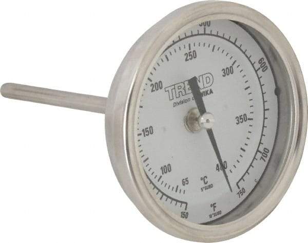 Wika - 4 Inch Long Stem, 3 Inch Dial Diameter, Stainless Steel, Back Connected Bi-Metal Thermometer - 65 to 400°C, 1% Accuracy - Industrial Tool & Supply
