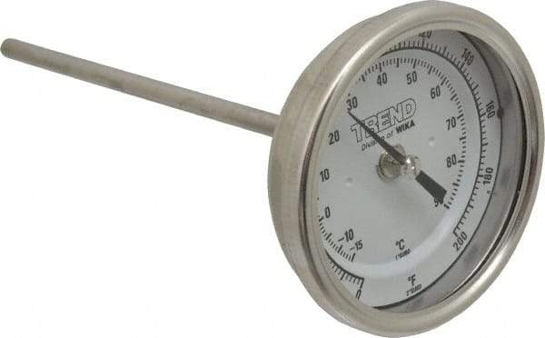 Wika - 6 Inch Long Stem, 3 Inch Dial Diameter, Stainless Steel, Back Connected Bi-Metal Thermometer - -15 to 90°C, 1% Accuracy - Industrial Tool & Supply