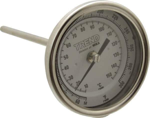 Wika - 6 Inch Long Stem, 3 Inch Dial Diameter, Stainless Steel, Back Connected Bi-Metal Thermometer - 10 to 150°C, 1% Accuracy - Industrial Tool & Supply