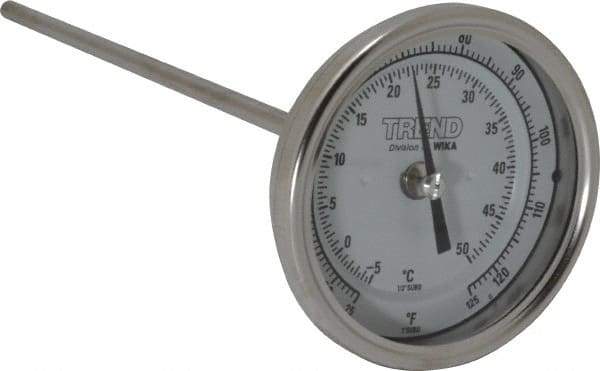 Wika - 9 Inch Long Stem, 3 Inch Dial Diameter, Stainless Steel, Back Connected Bi-Metal Thermometer - -5 to 50°C, 1% Accuracy - Industrial Tool & Supply