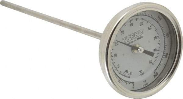Wika - 9 Inch Long Stem, 3 Inch Dial Diameter, Stainless Steel, Back Connected Bi-Metal Thermometer - -15 to 90°C, 1% Accuracy - Industrial Tool & Supply