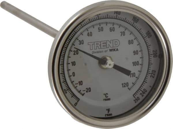 Wika - 9 Inch Long Stem, 3 Inch Dial Diameter, Stainless Steel, Back Connected Bi-Metal Thermometer - -20 to 120°C, 1% Accuracy - Industrial Tool & Supply