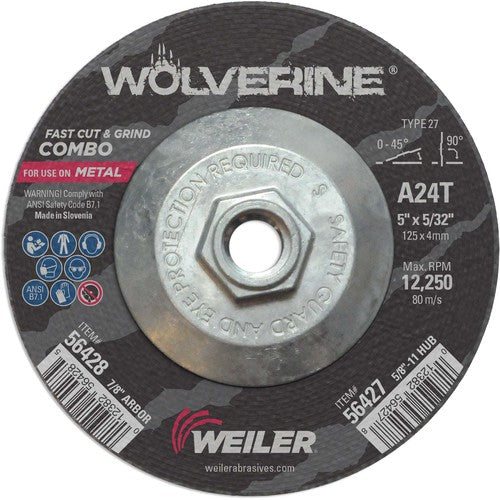 Vortec Pro 5″ × 1/8″ Type 27 Cutting Wheel, A24T, 5/8″-11 UNC Nut - Industrial Tool & Supply