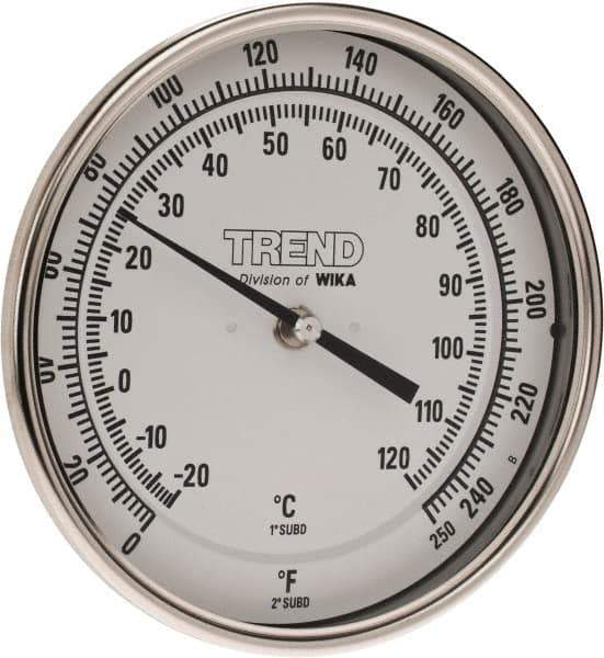 Wika - 2-1/2 Inch Long Stem, 5 Inch Dial Diameter, Stainless Steel, Back Connected Bi-Metal Thermometer - -20 to 120°C, 1% Accuracy - Industrial Tool & Supply