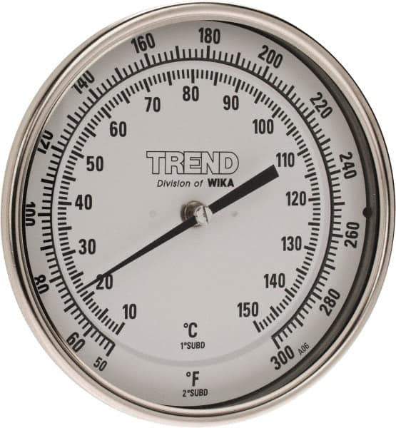 Wika - 2-1/2 Inch Long Stem, 5 Inch Dial Diameter, Stainless Steel, Back Connected Bi-Metal Thermometer - 10 to 150°C, 1% Accuracy - Industrial Tool & Supply