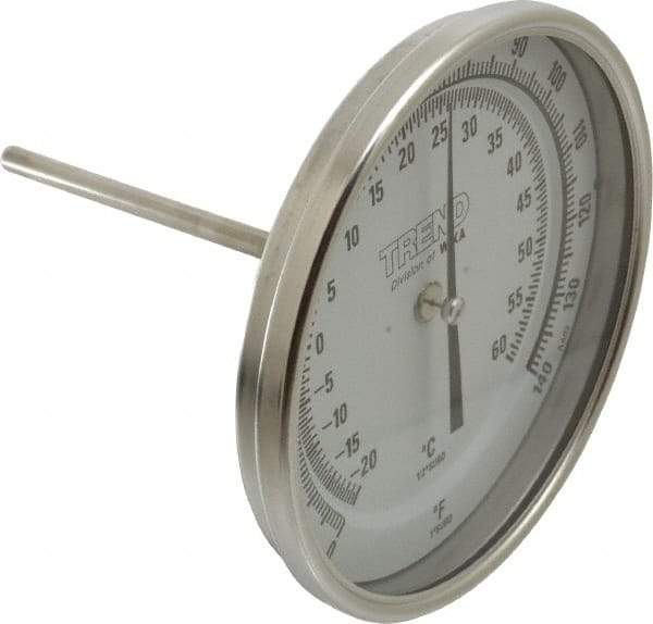 Wika - 4 Inch Long Stem, 5 Inch Dial Diameter, Stainless Steel, Back Connected Bi-Metal Thermometer - -20 to 60°C, 1% Accuracy - Industrial Tool & Supply