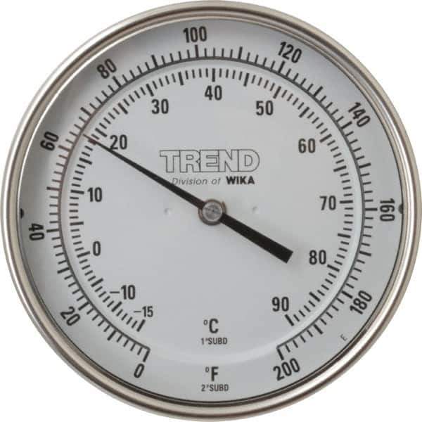 Wika - 4 Inch Long Stem, 5 Inch Dial Diameter, Stainless Steel, Back Connected Bi-Metal Thermometer - -15 to 90°C, 1% Accuracy - Industrial Tool & Supply