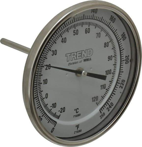 Wika - 4 Inch Long Stem, 5 Inch Dial Diameter, Stainless Steel, Back Connected Bi-Metal Thermometer - -20 to 120°C, 1% Accuracy - Industrial Tool & Supply
