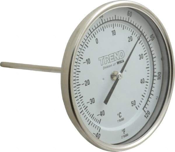 Wika - 6 Inch Long Stem, 5 Inch Dial Diameter, Stainless Steel, Back Connected Bi-Metal Thermometer - -40 to 50°C, 1% Accuracy - Industrial Tool & Supply