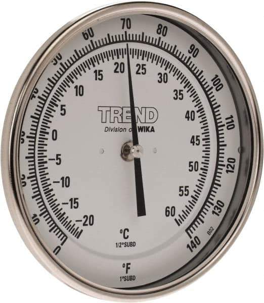 Wika - 6 Inch Long Stem, 5 Inch Dial Diameter, Stainless Steel, Back Connected Bi-Metal Thermometer - -20 to 60°C, 1% Accuracy - Industrial Tool & Supply