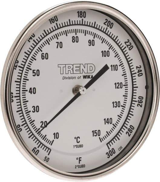 Wika - 6 Inch Long Stem, 5 Inch Dial Diameter, Stainless Steel, Back Connected Bi-Metal Thermometer - 10 to 150°C, 1% Accuracy - Industrial Tool & Supply