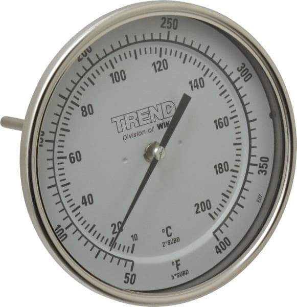 Wika - 6 Inch Long Stem, 5 Inch Dial Diameter, Stainless Steel, Back Connected Bi-Metal Thermometer - 10 to 200°C, 1% Accuracy - Industrial Tool & Supply