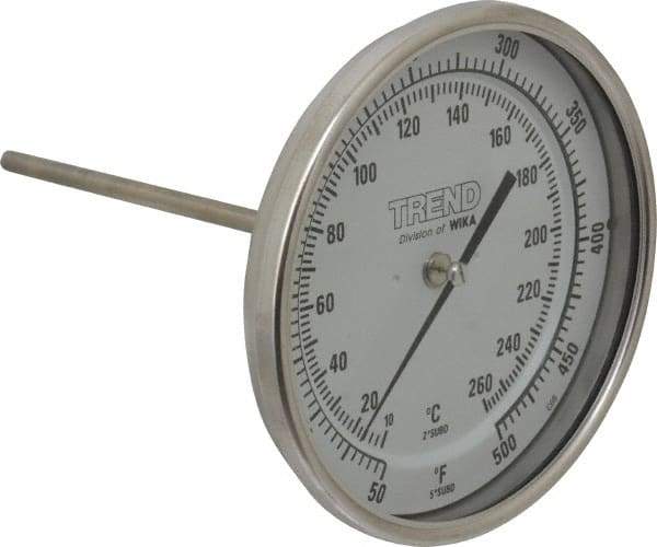 Wika - 6 Inch Long Stem, 5 Inch Dial Diameter, Stainless Steel, Back Connected Bi-Metal Thermometer - 10 to 260°C, 1% Accuracy - Industrial Tool & Supply