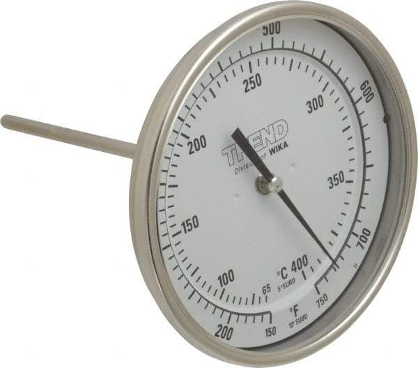 Wika - 6 Inch Long Stem, 5 Inch Dial Diameter, Stainless Steel, Back Connected Bi-Metal Thermometer - 65 to 400°C, 1% Accuracy - Industrial Tool & Supply