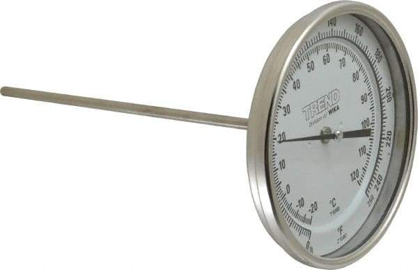 Wika - 9 Inch Long Stem, 5 Inch Dial Diameter, Stainless Steel, Back Connected Bi-Metal Thermometer - -20 to 120°C, 1% Accuracy - Industrial Tool & Supply