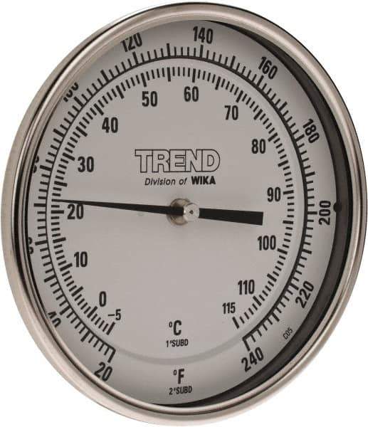 Wika - 9 Inch Long Stem, 5 Inch Dial Diameter, Stainless Steel, Back Connected Bi-Metal Thermometer - -5 to 115°C, 1% Accuracy - Industrial Tool & Supply