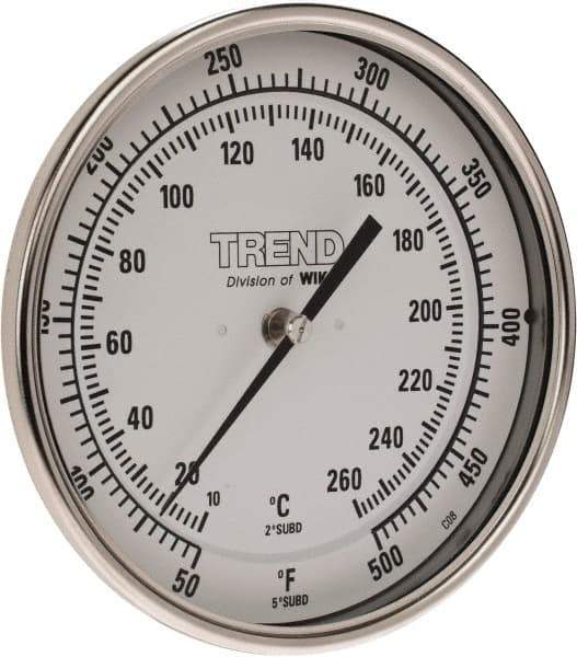 Wika - 9 Inch Long Stem, 5 Inch Dial Diameter, Stainless Steel, Back Connected Bi-Metal Thermometer - 10 to 260°C, 1% Accuracy - Industrial Tool & Supply