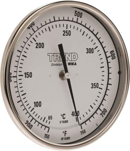 Wika - 9 Inch Long Stem, 5 Inch Dial Diameter, Stainless Steel, Back Connected Bi-Metal Thermometer - 65 to 400°C, 1% Accuracy - Industrial Tool & Supply