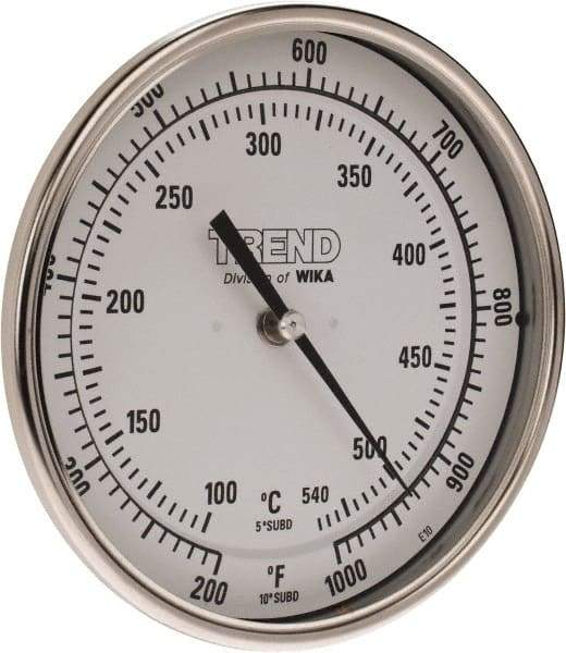 Wika - 9 Inch Long Stem, 5 Inch Dial Diameter, Stainless Steel, Back Connected Bi-Metal Thermometer - 100 to 540°C, 1% Accuracy - Industrial Tool & Supply