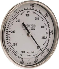 Wika - 9 Inch Long Stem, 5 Inch Dial Diameter, Stainless Steel, Back Connected Bi-Metal Thermometer - 100 to 540°C, 1% Accuracy - Industrial Tool & Supply