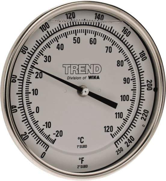 Wika - 2-1/2 Inch Long Stem, 5 Inch Dial Diameter, Stainless Steel, Back Connected Bi-Metal Thermometer - -20 to 120°C, 1% Accuracy - Industrial Tool & Supply