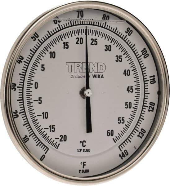 Wika - 4 Inch Long Stem, 5 Inch Dial Diameter, Stainless Steel, Back Connected Bi-Metal Thermometer - -20 to 60°C, 1% Accuracy - Industrial Tool & Supply
