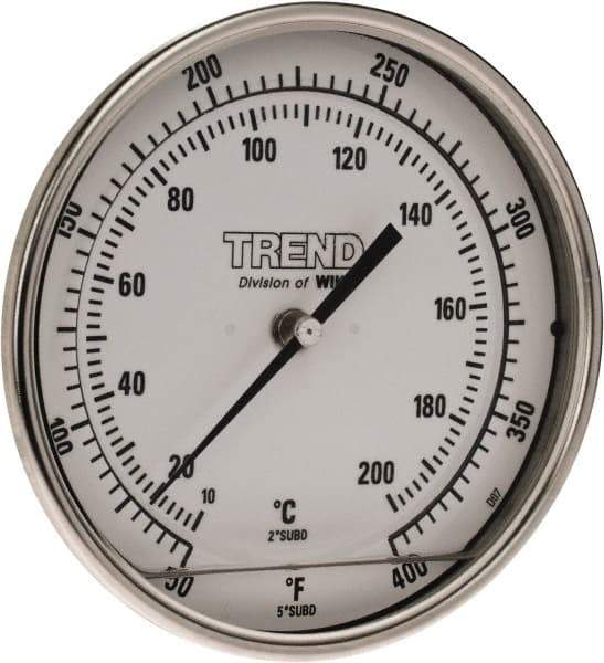 Wika - 4 Inch Long Stem, 5 Inch Dial Diameter, Stainless Steel, Back Connected Bi-Metal Thermometer - 10 to 200°C, 1% Accuracy - Industrial Tool & Supply