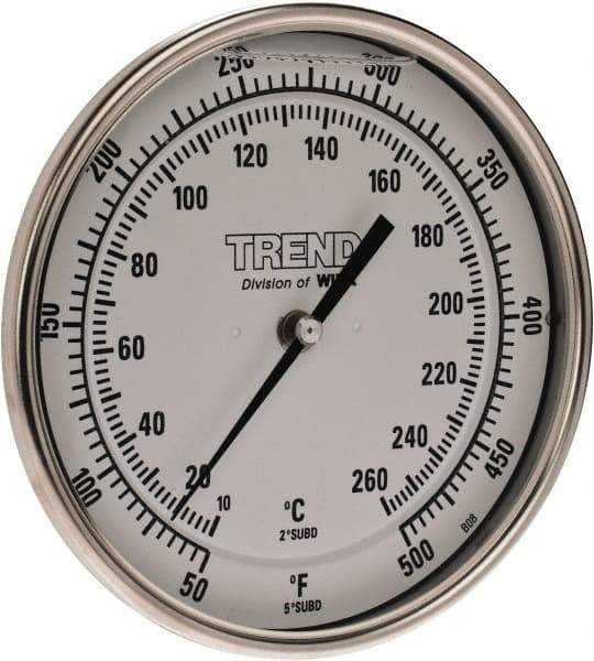 Wika - 4 Inch Long Stem, 5 Inch Dial Diameter, Stainless Steel, Back Connected Bi-Metal Thermometer - 10 to 260°C, 1% Accuracy - Industrial Tool & Supply