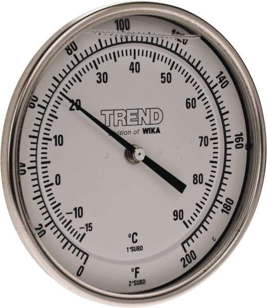 Wika - 6 Inch Long Stem, 5 Inch Dial Diameter, Stainless Steel, Back Connected Bi-Metal Thermometer - -15 to 90°C, 1% Accuracy - Industrial Tool & Supply