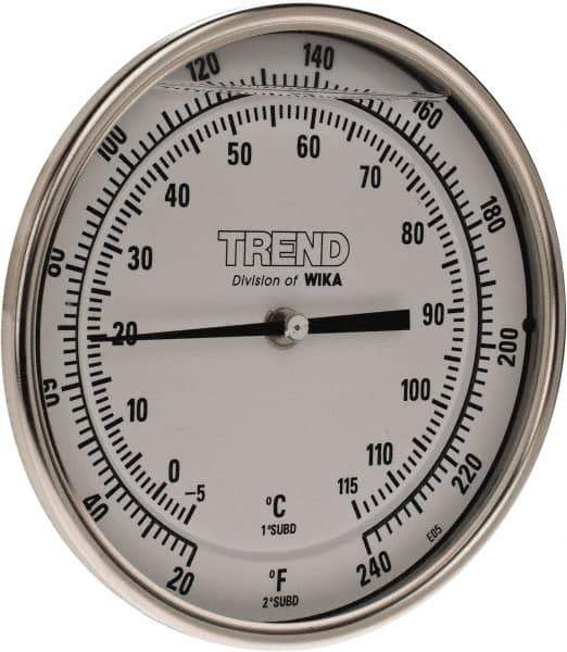 Wika - 6 Inch Long Stem, 5 Inch Dial Diameter, Stainless Steel, Back Connected Bi-Metal Thermometer - -5 to 115°C, 1% Accuracy - Industrial Tool & Supply
