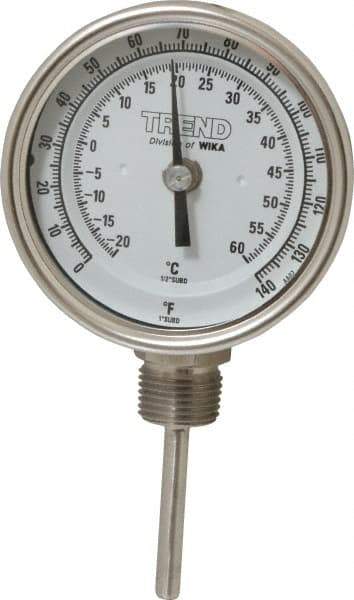 Wika - 2-1/2 Inch Long Stem, 3 Inch Dial Diameter, Stainless Steel, Bottom Connected Bi-Metal Thermometer - -20 to 60°C, 1% Accuracy - Industrial Tool & Supply