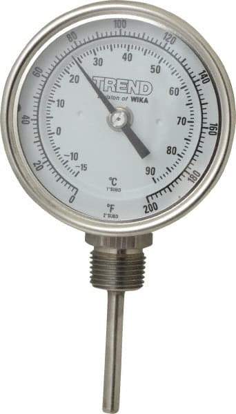 Wika - 2-1/2 Inch Long Stem, 3 Inch Dial Diameter, Stainless Steel, Bottom Connected Bi-Metal Thermometer - -15 to 90°C, 1% Accuracy - Industrial Tool & Supply