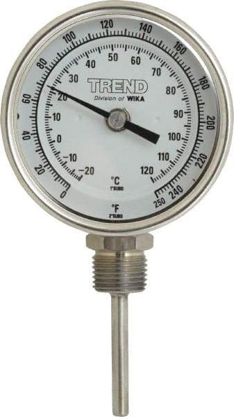 Wika - 2-1/2 Inch Long Stem, 3 Inch Dial Diameter, Stainless Steel, Bottom Connected Bi-Metal Thermometer - -20 to 120°C, 1% Accuracy - Industrial Tool & Supply