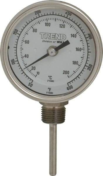 Wika - 2-1/2 Inch Long Stem, 3 Inch Dial Diameter, Stainless Steel, Bottom Connected Bi-Metal Thermometer - 10 to 200°C, 1% Accuracy - Industrial Tool & Supply