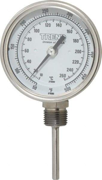 Wika - 2-1/2 Inch Long Stem, 3 Inch Dial Diameter, Stainless Steel, Bottom Connected Bi-Metal Thermometer - 10 to 260°C, 1% Accuracy - Industrial Tool & Supply