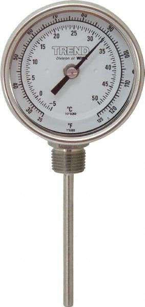Wika - 4 Inch Long Stem, 3 Inch Dial Diameter, Stainless Steel, Bottom Connected Bi-Metal Thermometer - -5 to 50°C, 1% Accuracy - Industrial Tool & Supply