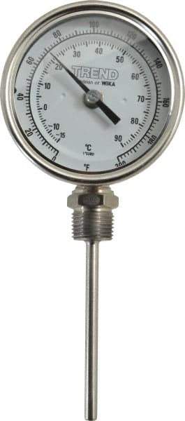 Wika - 4 Inch Long Stem, 3 Inch Dial Diameter, Stainless Steel, Bottom Connected Bi-Metal Thermometer - -15 to 90°C, 1% Accuracy - Industrial Tool & Supply