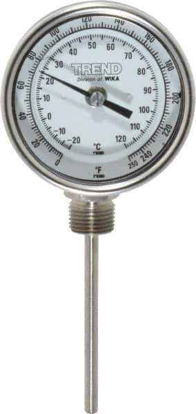 Wika - 4 Inch Long Stem, 3 Inch Dial Diameter, Stainless Steel, Bottom Connected Bi-Metal Thermometer - -20 to 120°C, 1% Accuracy - Industrial Tool & Supply