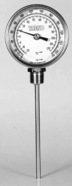Wika - 9 Inch Long Stem, 3 Inch Dial Diameter, Stainless Steel, Bottom Connected Bi-Metal Thermometer - -5 to 50°C, 1% Accuracy - Industrial Tool & Supply