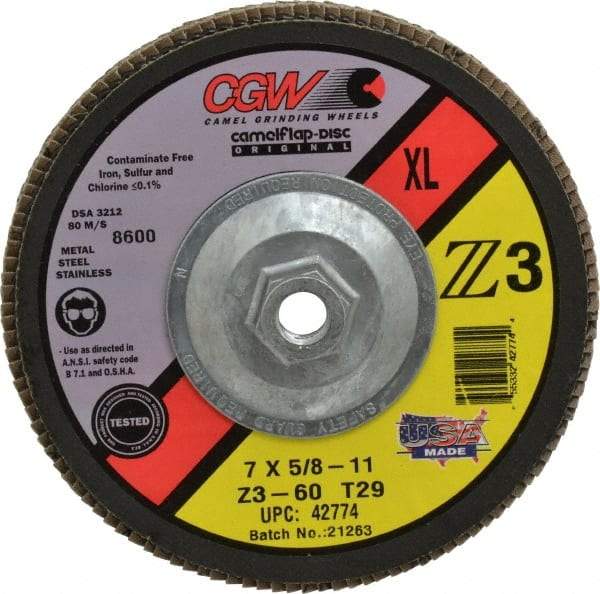 Camel Grinding Wheels - 60 Grit, 7" Disc Diam, 5/8-11 Center Hole, Type 29 Zirconia Alumina Flap Disc - 8,600 Max RPM, Poly Cotton Backing, Arbor Attaching System, Coated - Industrial Tool & Supply