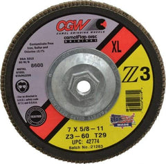 Camel Grinding Wheels - 60 Grit, 7" Disc Diam, 5/8-11 Center Hole, Type 29 Zirconia Alumina Flap Disc - 8,600 Max RPM, Poly Cotton Backing, Arbor Attaching System, Coated - Industrial Tool & Supply